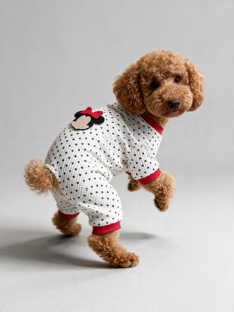 Polka Dot Rouge Minny Köpek Tulumu | Siyah Beyaz Puantiyeli Penye Köpek Pijaması 