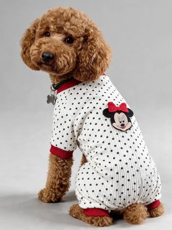 Polka Dot Rouge Minny Köpek Tulumu | Siyah Beyaz Puantiyeli Penye Köpek Pijaması 