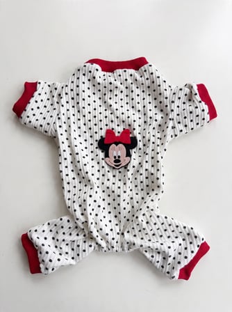 Polka Dot Rouge Minny Köpek Tulumu | Siyah Beyaz Puantiyeli Penye Köpek Pijaması 