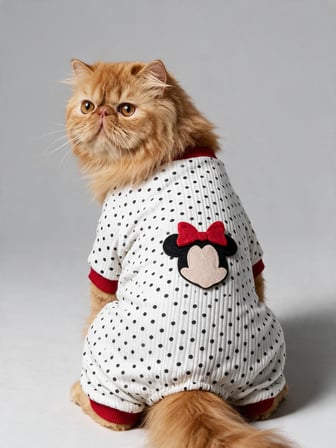 Polka Dot Rouge Minny Kedi Tulumu | Siyah Beyaz Puantiyeli Penye Kedi Pijaması