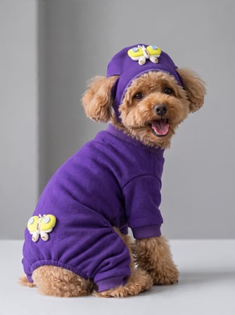 Violet Wings Köpek Bere ve Tulum Kombini | Mor Renk 3D Kelebek Aksesuarlı Penye Köpek Kıyafeti