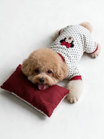 Polka Dot Rouge Minny Köpek Uyku Seti | Siyah Beyaz Puantiyeli Penye Köpek Tulumu ve Mini Yastık |2 Parça