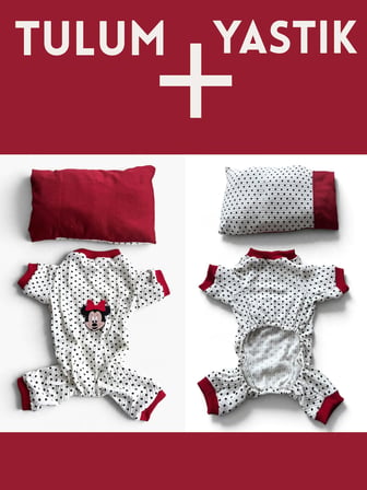 Polka Dot Rouge Minny Köpek Uyku Seti | Siyah Beyaz Puantiyeli Penye Köpek Tulumu ve Mini Yastık |2 Parça