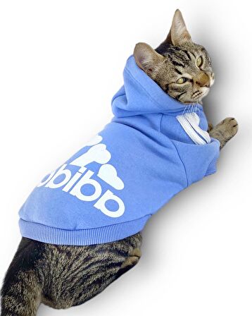 Bebek Mavisi Adidog Kapşonlu Kedi Sweatshirt Kedi Kazağı 