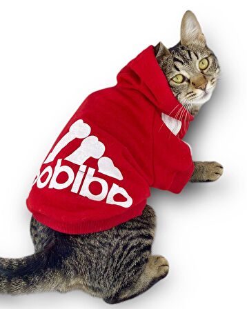 Kırmızı Adidog Kapşonlu Kedi Sweatshirt Kedi Kazağı Duo 