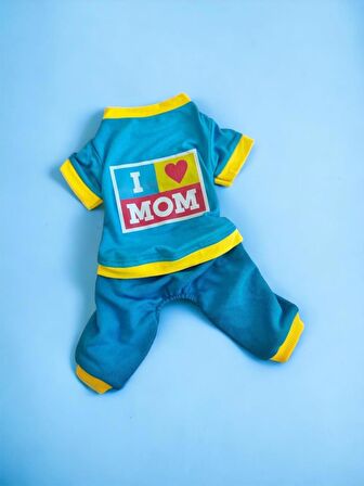 Hediye Paketli, Annelere Hediye, Love Mom Blue Penye Tulum Köpek Tulumu Köpek Elbisesi, Anneler Günü