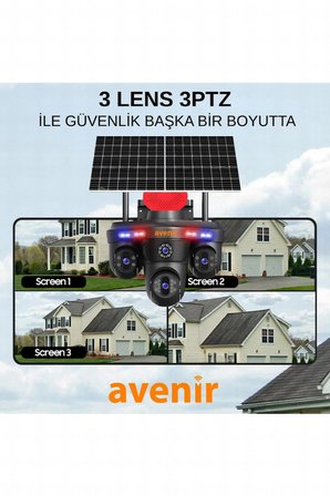 Avenir Solar Güvenlik Kamerası (Tek Panel, 3 Lensli)