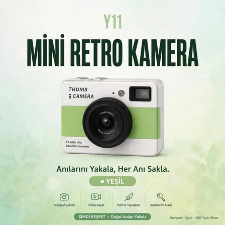 Y1 THUMB MİNİ KAMERA-180 DERECE DÖNEN EKRANLI RETRO SELFIE KAMERASI