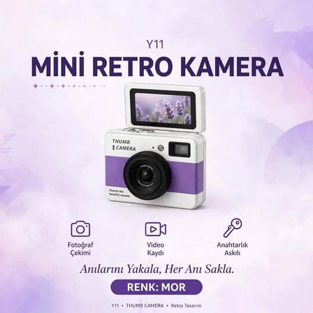 Y1 THUMB MİNİ KAMERA-180 DERECE DÖNEN EKRANLI RETRO SELFIE KAMERASI