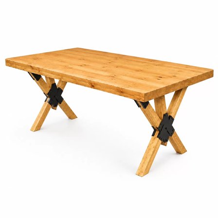 Masif Ahşap Masa 60x120 cm - Demir Bağlantılı Çapraz Ağaç Ayaklı Doğal Çam Yemek Masası