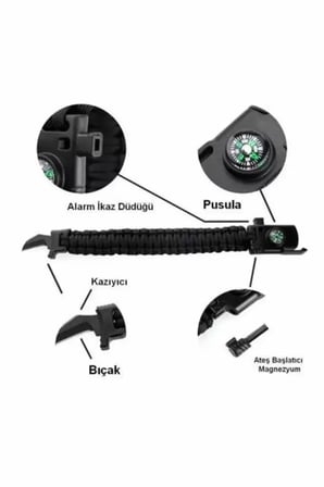 Paracord Survival Ateş Başlatıcı Magnezyum Çubuğu Bıçak Pusula Ikaz Düdüklü Bileklik