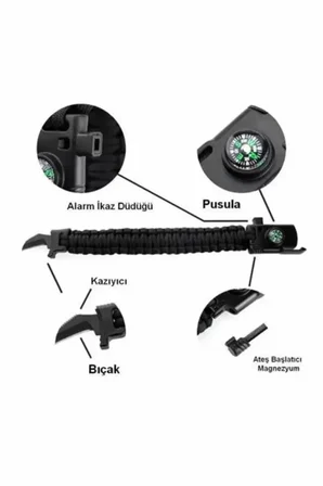 Paracord Survival Ateş Başlatıcı Magnezyum Çubuğu Bıçak Pusula Ikaz Düdüklü Bileklik