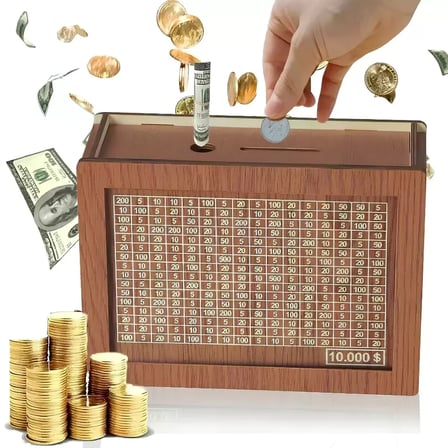 10.000 TL Hedefli Ahşap Kumbara Parabox Tasarım Para Biriktirme Kutusu Motivasyon