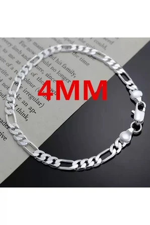 Kadın Erkek Unisex Figaro 6mm Gümüş Kaplama Zincir Bileklik Künye Hediye