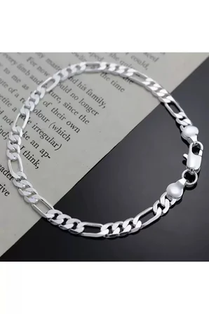 Kadın Erkek Unisex Figaro 6mm Gümüş Kaplama Zincir Bileklik Künye Hediye