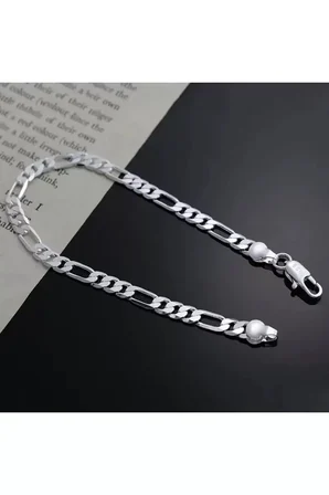 Kadın Erkek Unisex Figaro 6mm Gümüş Kaplama Zincir Bileklik Künye Hediye