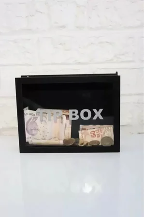 Kumbara Ahşap Önü Şeffaf Pleksili Özel Yapım Kilitli Siyah Tip Box