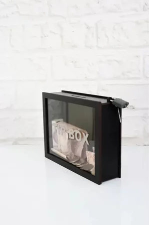 Kumbara Ahşap Önü Şeffaf Pleksili Özel Yapım Kilitli Siyah Tip Box