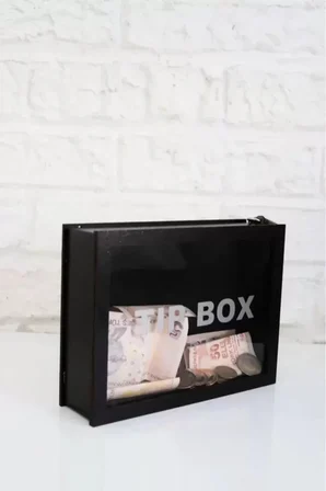 Kumbara Ahşap Önü Şeffaf Pleksili Özel Yapım Kilitli Siyah Tip Box