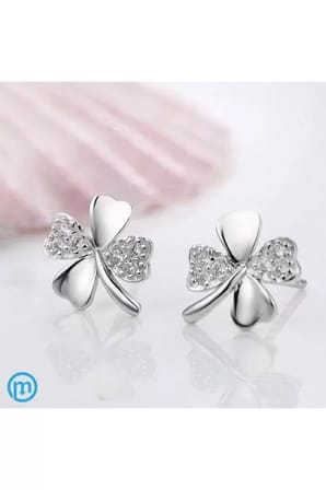 Küpe 925 Ayar Taşlı 4 Yaprak Gümüş Kadın Yonca