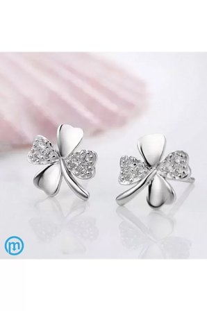Küpe 925 Ayar Taşlı 4 Yaprak Gümüş Kadın Yonca