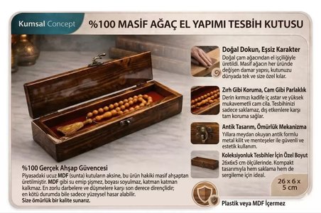 Kutusu Ahşap Tesbih Masif Cam El Yapımı 26x6x5 Cm Koleksiyon Kutusu