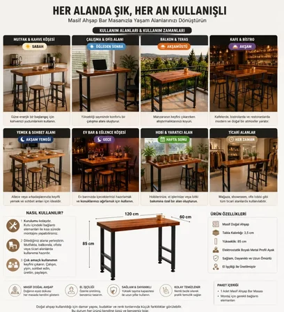 Masif Bar Masası 85 cm Yüksek Metal Profil Ayaklı Mutfak Yemek Kafe Bistro Çalışma 40x60