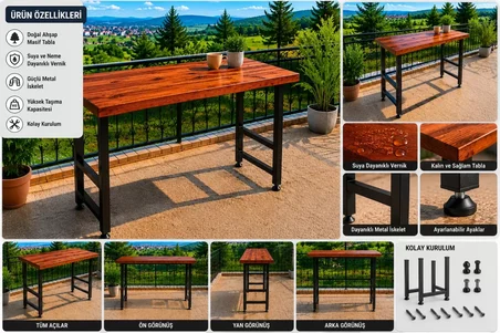 Masif Bar Masası 85 cm Yüksek Metal Profil Ayaklı Mutfak Yemek Kafe Bistro Çalışma 40x60