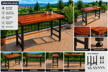 Masif Bar Masası 85 cm Yüksek Metal Profil Ayaklı Mutfak Yemek Kafe Bistro Çalışma 40x70