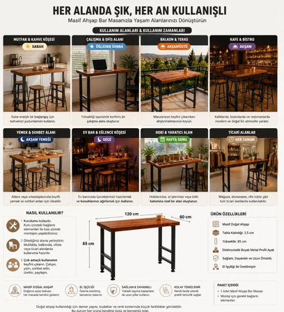 Masif Bar Masası 85 cm Yüksek Metal Profil Ayaklı Mutfak Yemek Kafe Bistro Çalışma 40x70