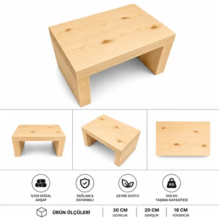 Masif Çam Ağacı Mini Tabure - Doğal Ahşap Çocuk Basamağı Banyo Mutfak Sehpası