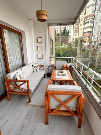 Ahşap Bahçe Balkon Takımı – 3’lü Koltuk + 2 Tekli + Masa I Lüks Minderli