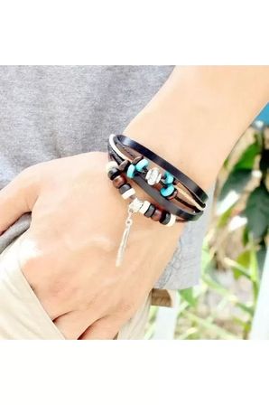 Deri Ip Kordon Ahşap Boncuk Tüy Bileklik Kadın Erkek Unisex