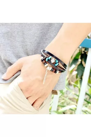 Deri Ip Kordon Ahşap Boncuk Tüy Bileklik Kadın Erkek Unisex