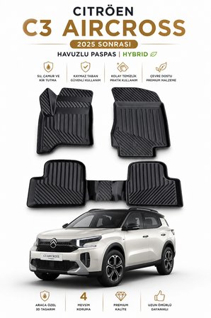 Citroen C3 Aircross Hybrid 2025 Sonrası Uyumlu 3D Havuzlu TPE Kauçuk Oto Paspas Araca Özel Klipsli Kaymaz