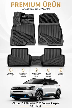 Citroen C5 Aircross 2025 Sonrası 1.2 Hybrid Uyumlu 3D Havuzlu TPE Kauçuk Oto Paspas | Araca Özel | Klipsli | Kaymaz