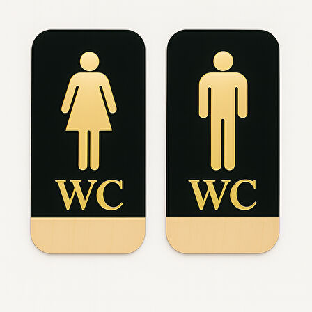 Ahşap Gold Pleksi WC Kapı Tabelası Seti – Bay Bayan Tuvalet İşareti – Akçaağaç ve Siyah Zemin