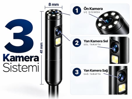 KMT-3K Android/iOS Uyumlu 720P Yılan 3 Kameralı Endoskop Kamera – Araç Motor ve Boru Kontrol Kamerası Telefon Bağlantılı