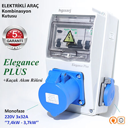 Elegance PLUS, Monofaze Elektrikli Araç Kombinasyon Kutusu, Tesla Blue Adaptöre Uyumlu +Kaçak Akım Röle 3x32A + 1x16A - Schneider Marka Sigorta Grubu - 5 Yıl Garanti