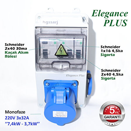 Elegance PLUS, Monofaze Elektrikli Araç Kombinasyon Kutusu, Tesla Blue Adaptöre Uyumlu +Kaçak Akım Röle 3x32A + 1x16A - Schneider Marka Sigorta Grubu - 5 Yıl Garanti