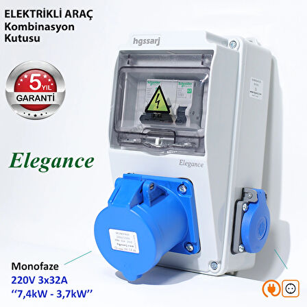 Elegance, Monofaze Elektrikli Araç Kombinasyon Kutusu, Tesla Blue Adaptöre Uyumlu, 3x32A + 1x16A - Schneider Marka Sigorta Grubu - 5 Yıl Garanti