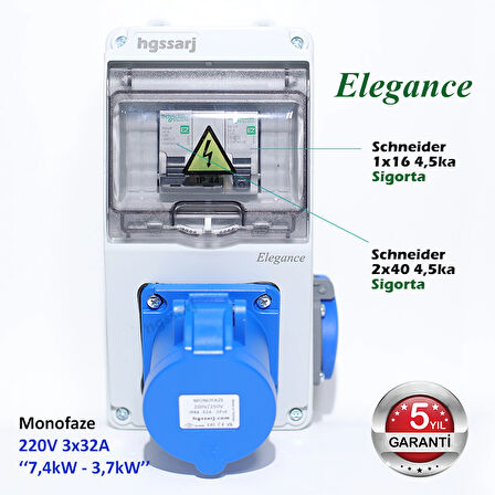 Elegance, Monofaze Elektrikli Araç Kombinasyon Kutusu, Tesla Blue Adaptöre Uyumlu, 3x32A + 1x16A - Schneider Marka Sigorta Grubu - 5 Yıl Garanti
