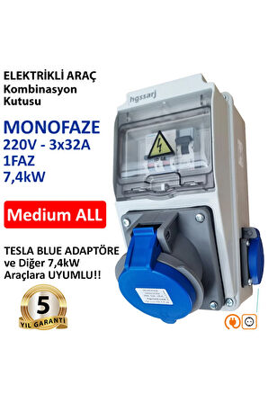 Elektrikli Araç Kombinasyon Kutusu, Tesla Blue Adaptöre Uyumlu, ''Medium ALL'' 3x32A + 1x16A V i k o / P a n a s o n i c