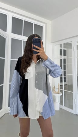Kadın Lacivert Asimetrik Parçalı Taş İşlemeli Premium Gömlek