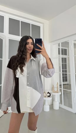 Kadın Kahverengi Asimetrik Parçalı Taş İşlemeli Premium Gömlek