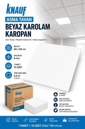 Knauf Asma Tavan Beyaz Karolam Karopan 60x60 cm 1 Pakette 10 Adet ( 3.6 m2 Yer Kaplar ) 21 Kg