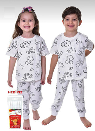 Özel Kalemli Boyanabilir Kısa Kollu Çocuk Pijama Takımı 012