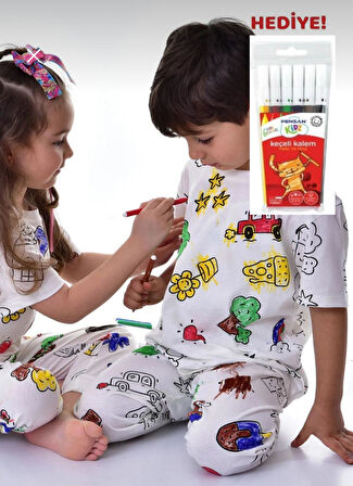 Özel Kalemli Boyanabilir Kısa Kollu Çocuk Pijama Takımı 012