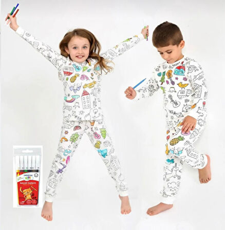 Özel Kalemli Boyanabilir Uzun Kollu Çocuk Pijama Takımı 010