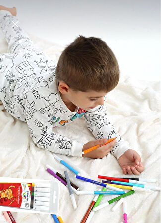 Özel Kalemli Boyanabilir Uzun Kollu Çocuk Pijama Takımı 010
